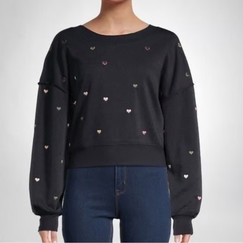 Vintage Havana Black Oversized Embroidered Hearts Off Shoulder Sweatshirt S